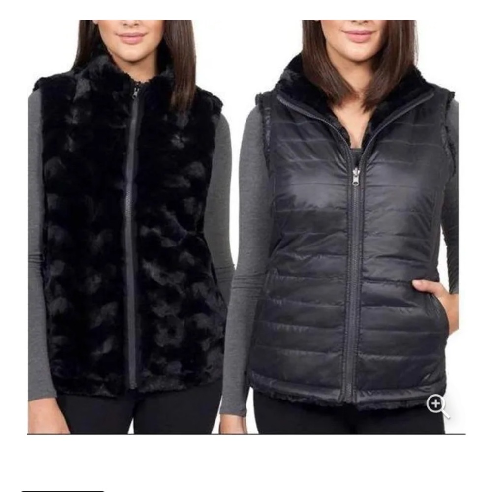 Nicole Miller reversible black puffer faux fur vest sz S